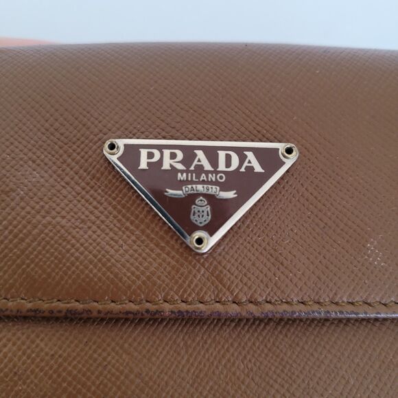 PRADA Leather Logo Wallet Small Bifold Brown Saffiano Compact Card Bill Coin - Picture 14 of 16